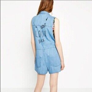 ZARA Limited Edition Sleeveless Blue Denim Romper Shorts Don't Look Back Small